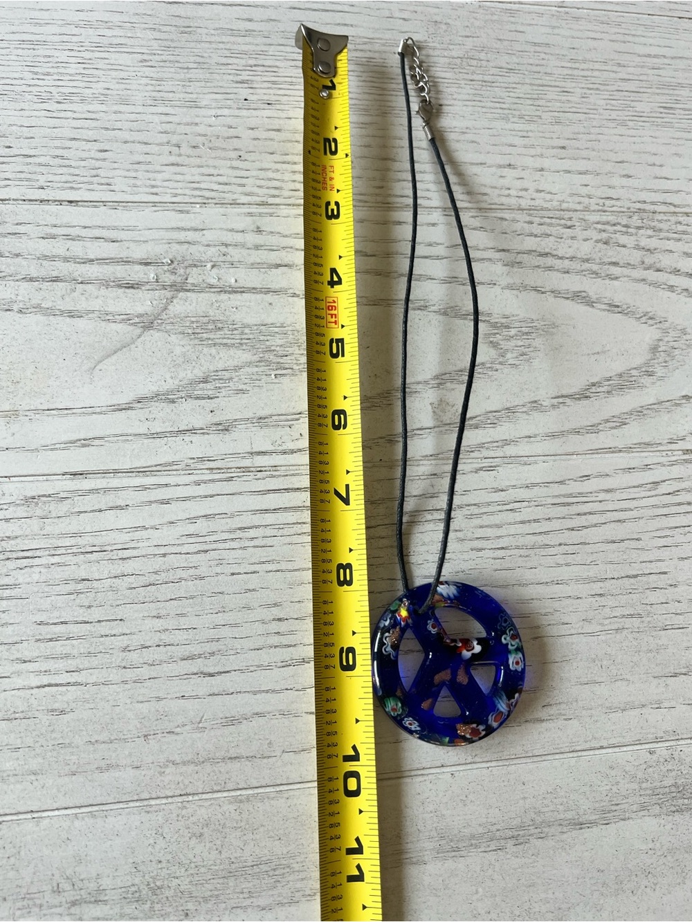 Blue Vintage Murano Millefiori Glass Peace Sign Pendant Necklace On Leather Cord View 4